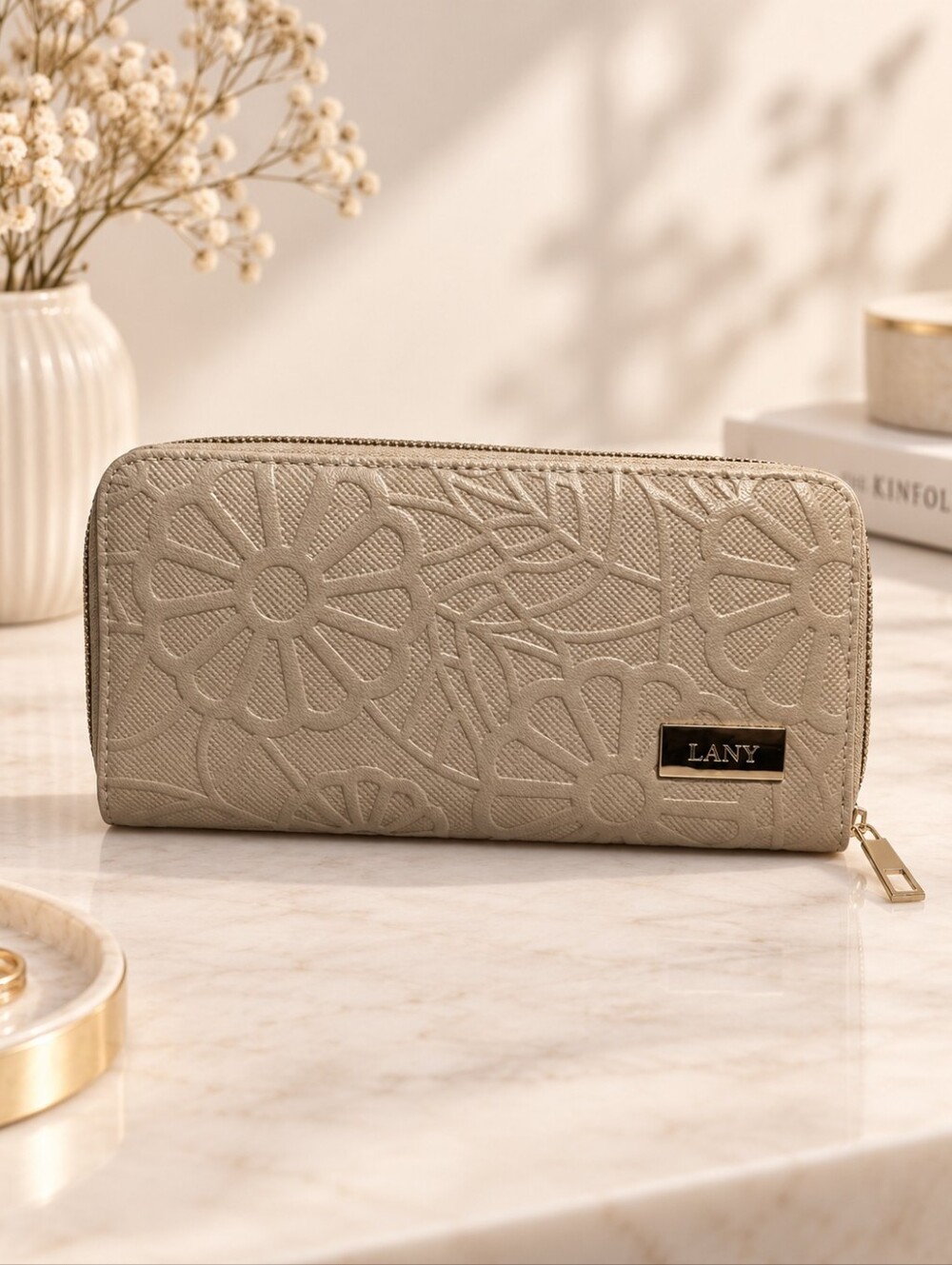 Lany Textured Floral Zip Wallet - Beige - NWOT